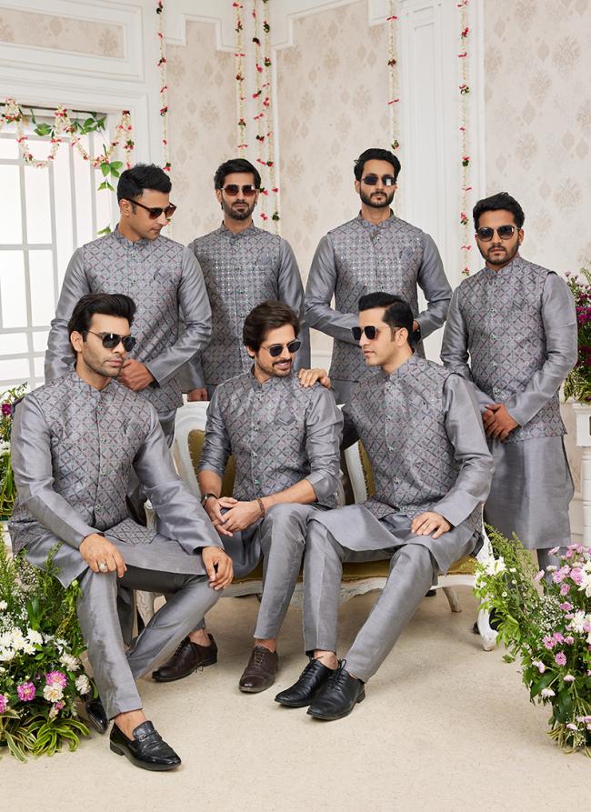 Art Banarasi Silk Dark Gray Wedding Wear Pattern Work Readymade Indo Weartern Sherwani